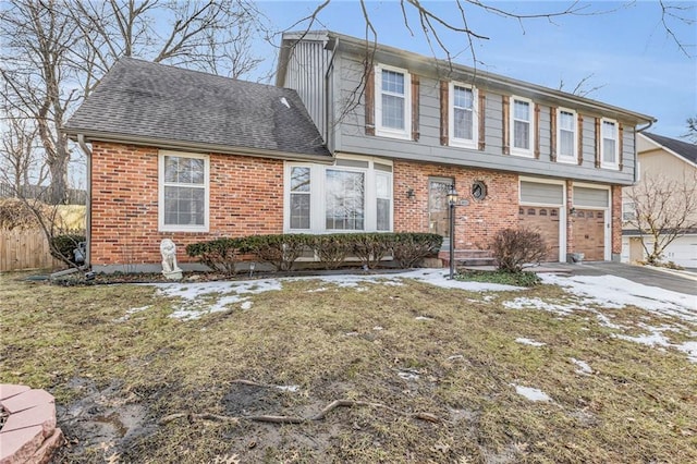 view of front of property with driveway, roof with shingles, an attached garage, and brick siding