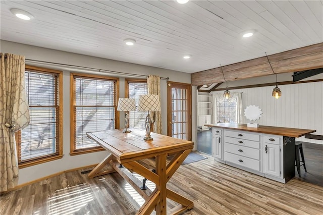 dining area with recessed lighting, wooden ceiling, visible vents, and light wood-style flooring