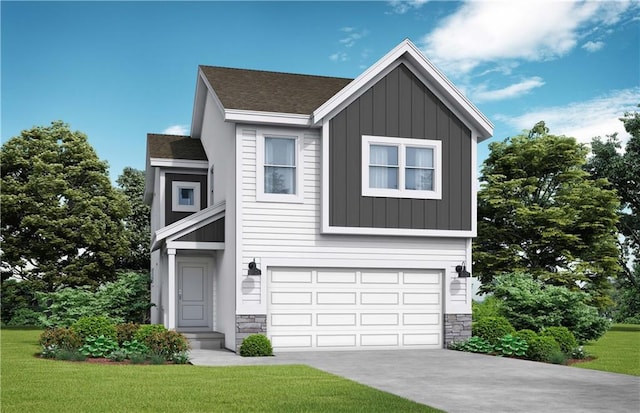 view of front of home with a garage and a front lawn