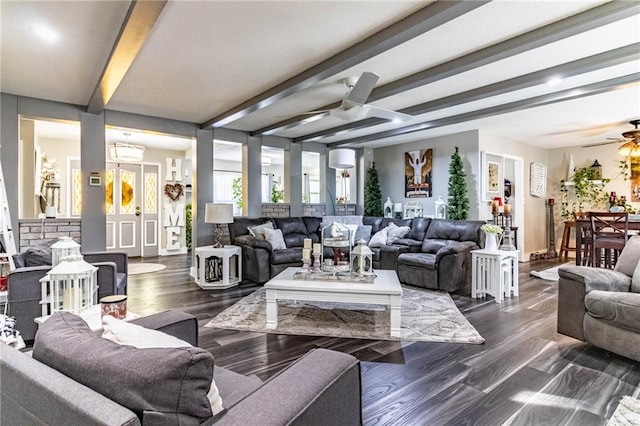 living room featuring beam ceiling, ceiling fan, and dark hardwood / wood-style flooring