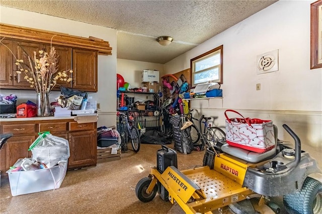 miscellaneous room featuring a textured ceiling and carpet floors