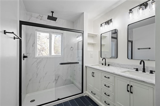 bathroom with vanity and walk in shower