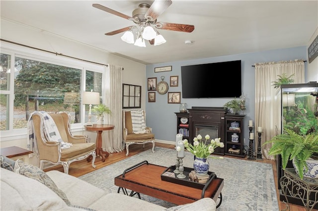 living room with hardwood / wood-style floors, ceiling fan, and a healthy amount of sunlight