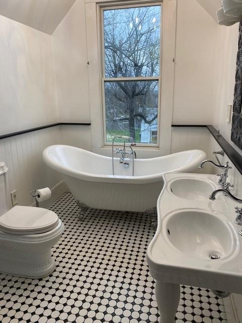 bathroom with plenty of natural light, double sink, and a washtub