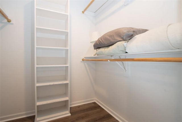 walk in closet with dark wood-type flooring