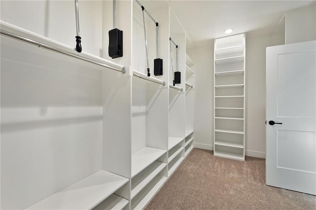 walk in closet featuring light carpet