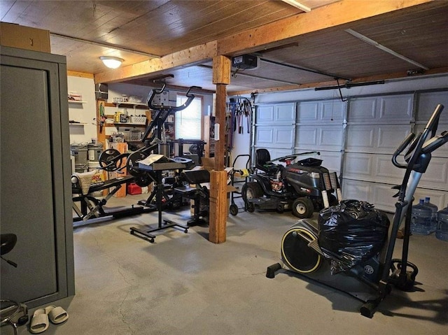 workout area with wooden ceiling