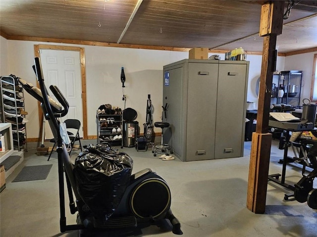 exercise room with wood ceiling