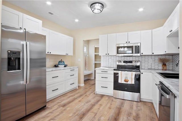 kitchen featuring white cabinetry, sink, backsplash, appliances with stainless steel finishes, and light wood-type flooring