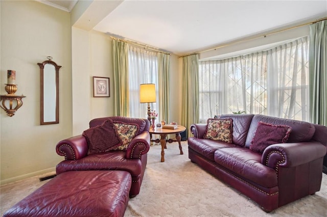 living room featuring light colored carpet