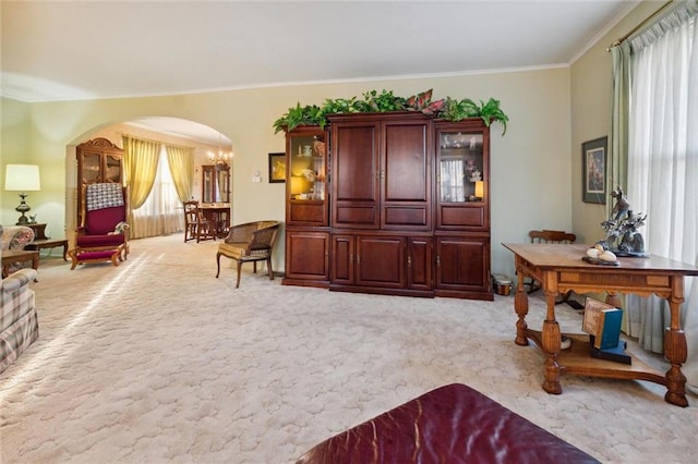 living area with ornamental molding, light carpet, and a wealth of natural light