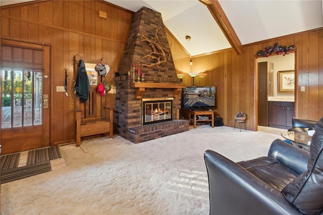 living room with light carpet, a brick fireplace, high vaulted ceiling, beamed ceiling, and wood walls