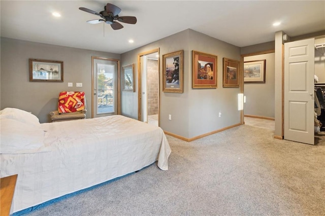 bedroom with access to outside, ceiling fan, and light carpet