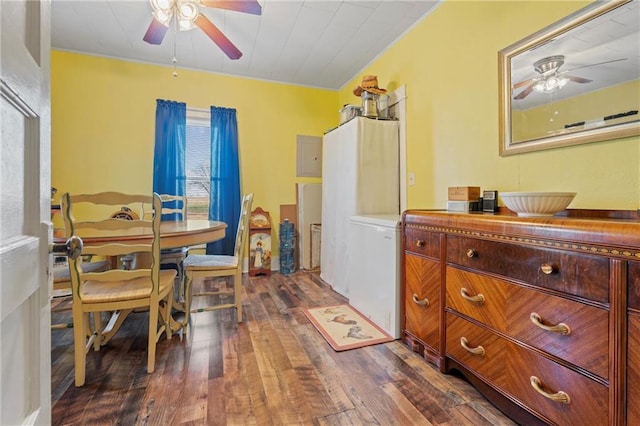 dining area with hardwood / wood-style floors and ceiling fan