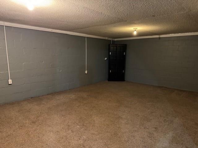 basement featuring carpet flooring and a textured ceiling