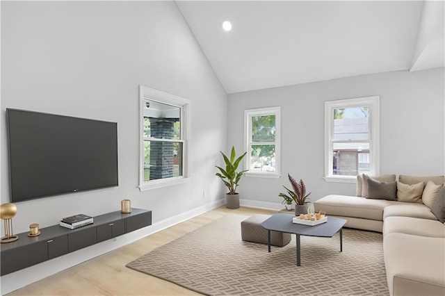 living room with high vaulted ceiling and hardwood / wood-style flooring