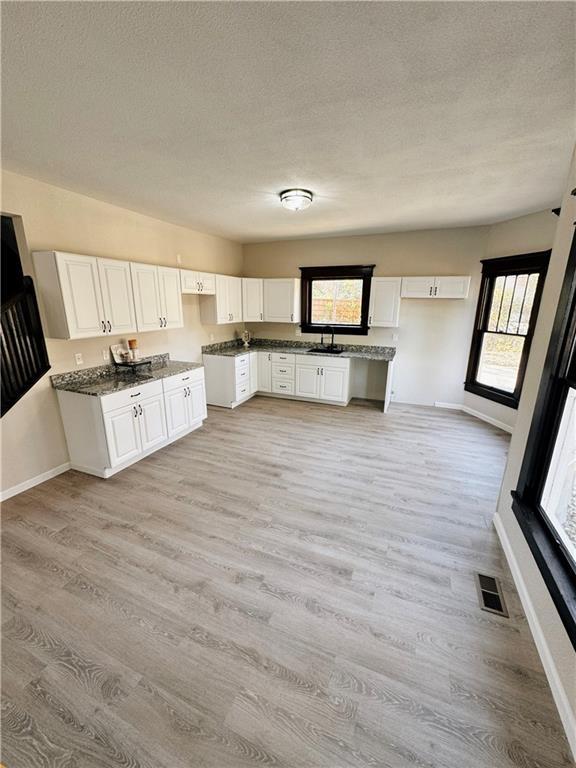 1610 S Olive St, Pittsburg, KS 66762 - kitchen featuring light wood finished floors, a textured ceiling, plenty of natural light, and white cabinetry