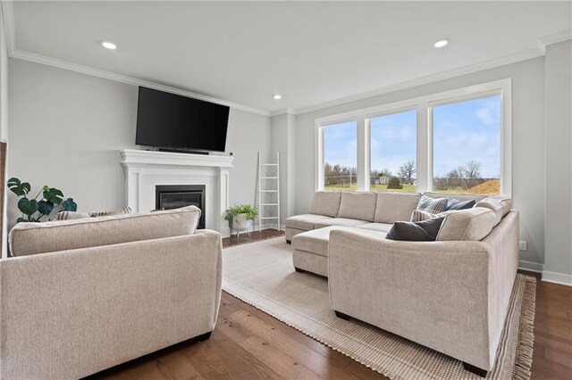 living room with hardwood / wood-style flooring and ornamental molding