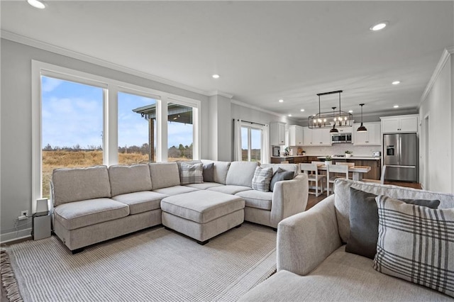 living room featuring crown molding