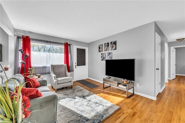 living room with wood-type flooring and a textured ceiling