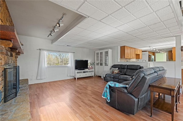 living room featuring track lighting, a drop ceiling, a stone fireplace, and light hardwood / wood-style flooring