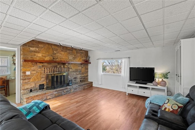 living room with hardwood / wood-style flooring, a stone fireplace, and a drop ceiling