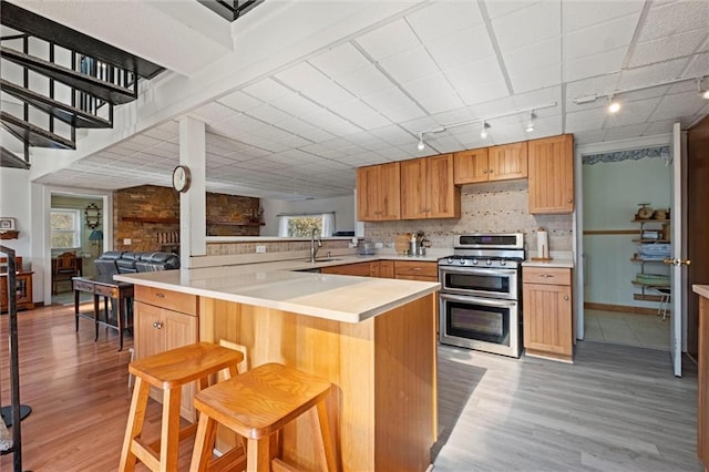 kitchen featuring kitchen peninsula, plenty of natural light, light hardwood / wood-style floors, and range with two ovens