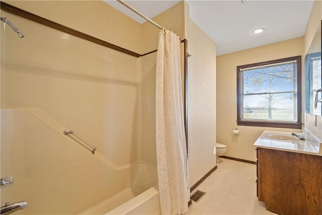 full bathroom featuring vanity, toilet, and shower / bathtub combination with curtain