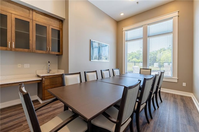 dining space featuring dark wood-type flooring