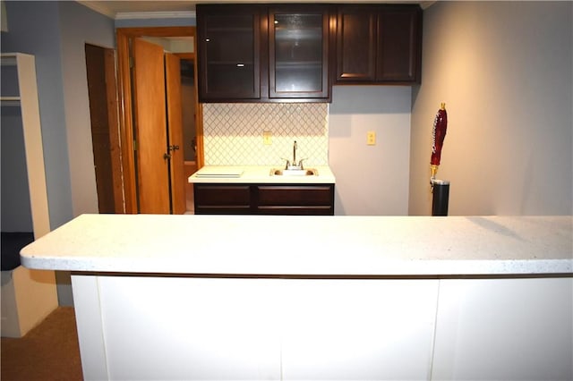 kitchen with tasteful backsplash, crown molding, sink, and dark brown cabinets