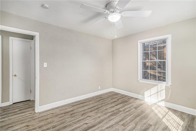 empty room with ceiling fan and light hardwood / wood-style flooring