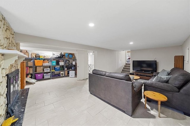 living room with a fireplace