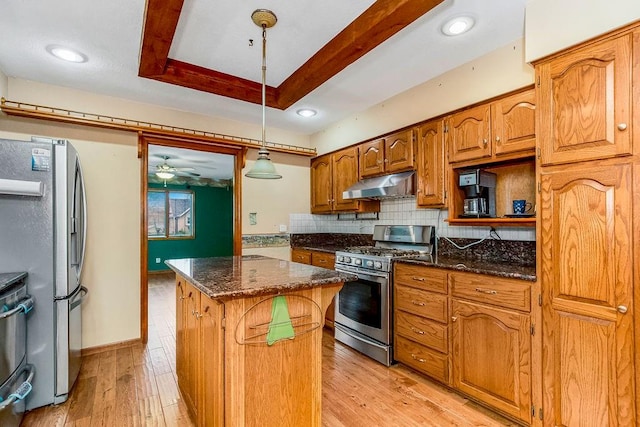 kitchen featuring pendant lighting, light hardwood / wood-style flooring, ceiling fan, appliances with stainless steel finishes, and a kitchen island