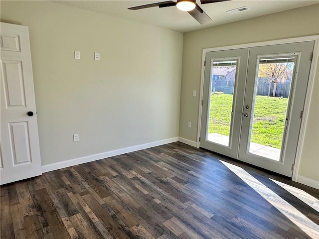 doorway to outside with french doors, dark hardwood / wood-style floors, and ceiling fan