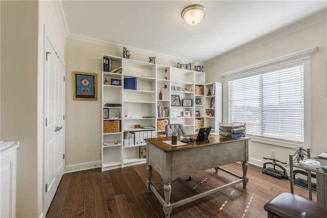 home office featuring hardwood / wood-style flooring and ornamental molding