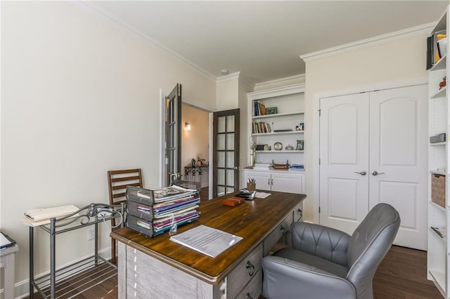 office with french doors, dark hardwood / wood-style floors, and ornamental molding