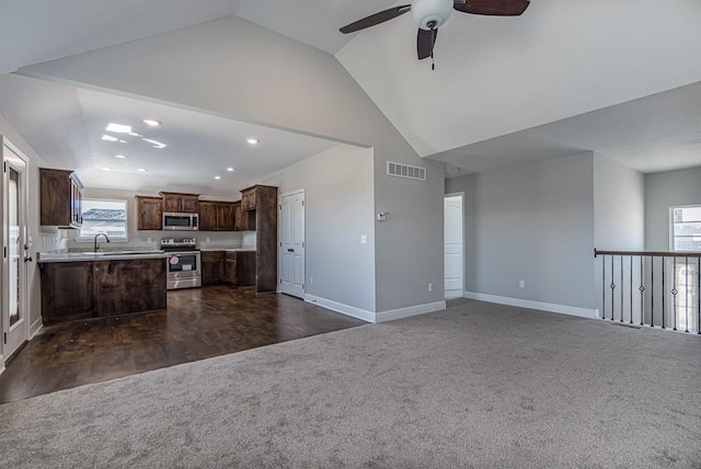 kitchen featuring ceiling fan, sink, stainless steel appliances, dark hardwood / wood-style flooring, and lofted ceiling