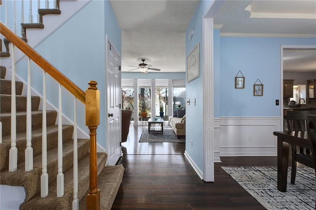 entryway featuring ceiling fan, sink, dark wood-type flooring, and ornamental molding