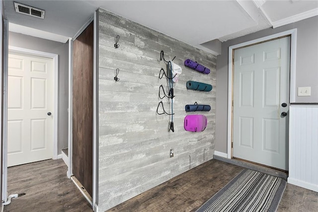 mudroom featuring wood walls and dark wood-type flooring