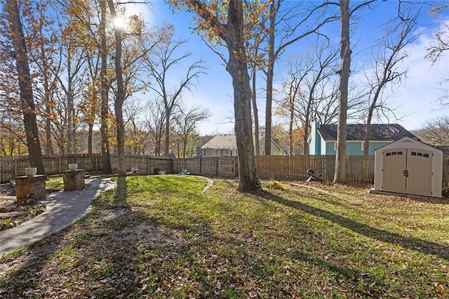 view of yard with a storage shed