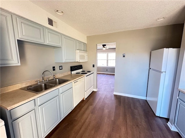 kitchen featuring ceiling fan, sink, dark hardwood / wood-style flooring, a textured ceiling, and white appliances