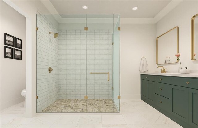 bathroom with vanity, toilet, and an enclosed shower