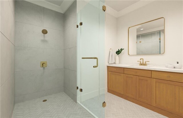 bathroom with vanity and walk in shower