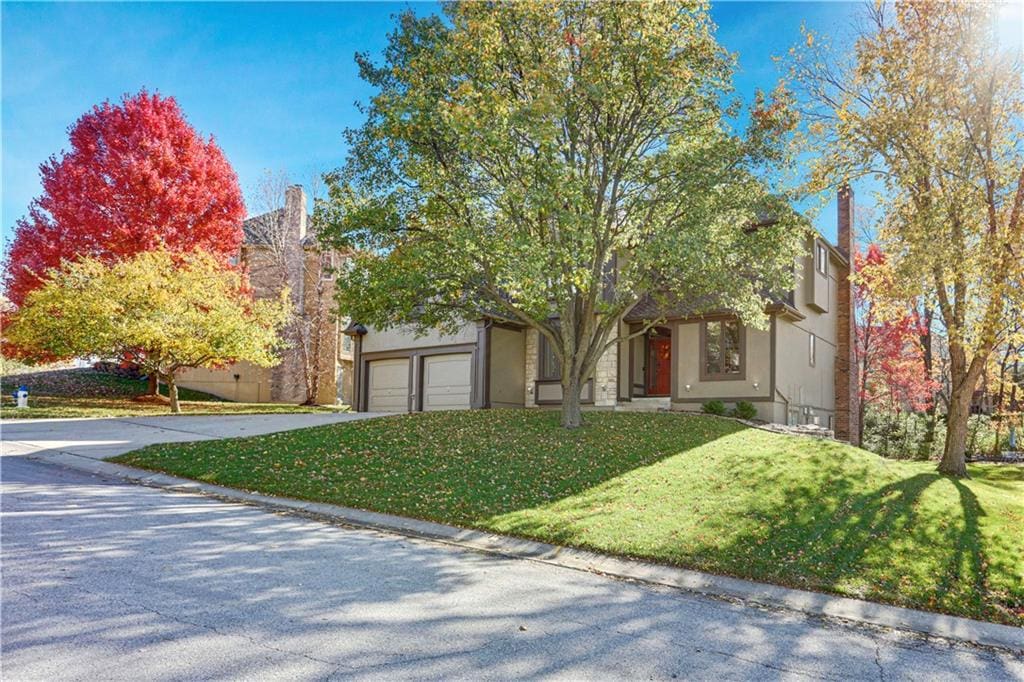 obstructed view of property with a front yard and a garage