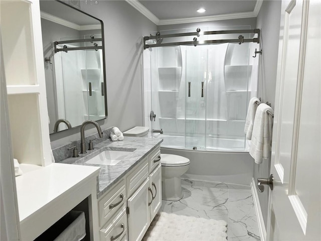 full bathroom with vanity, toilet, crown molding, and bath / shower combo with glass door