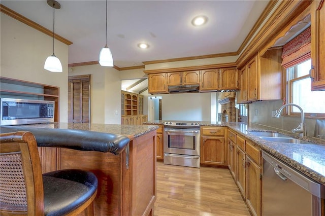 kitchen featuring sink, hanging light fixtures, stainless steel appliances, crown molding, and light hardwood / wood-style floors