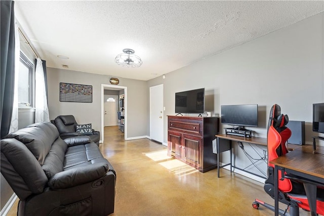 living room featuring a textured ceiling