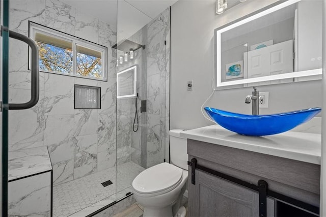 bathroom with vanity, toilet, and an enclosed shower