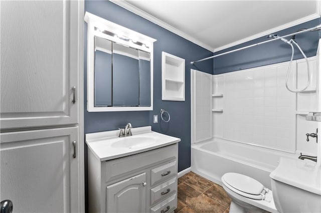 full bathroom with shower / bathing tub combination, vanity, toilet, and crown molding