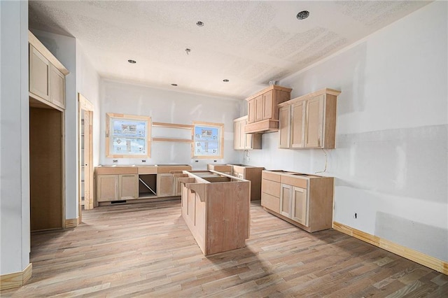 kitchen with light brown cabinets, a textured ceiling, and light hardwood / wood-style floors